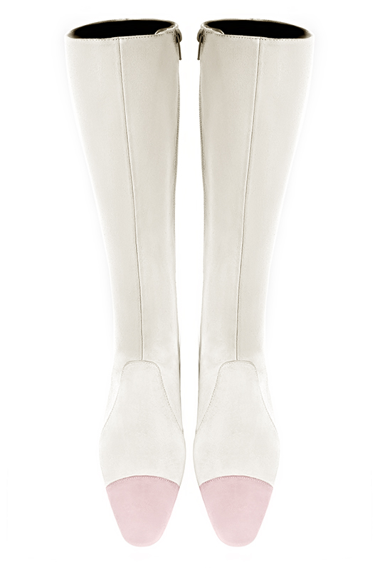 Powder pink and off white women's feminine knee-high boots. Round toe. Flat block heels. Made to measure. Top view - Florence KOOIJMAN